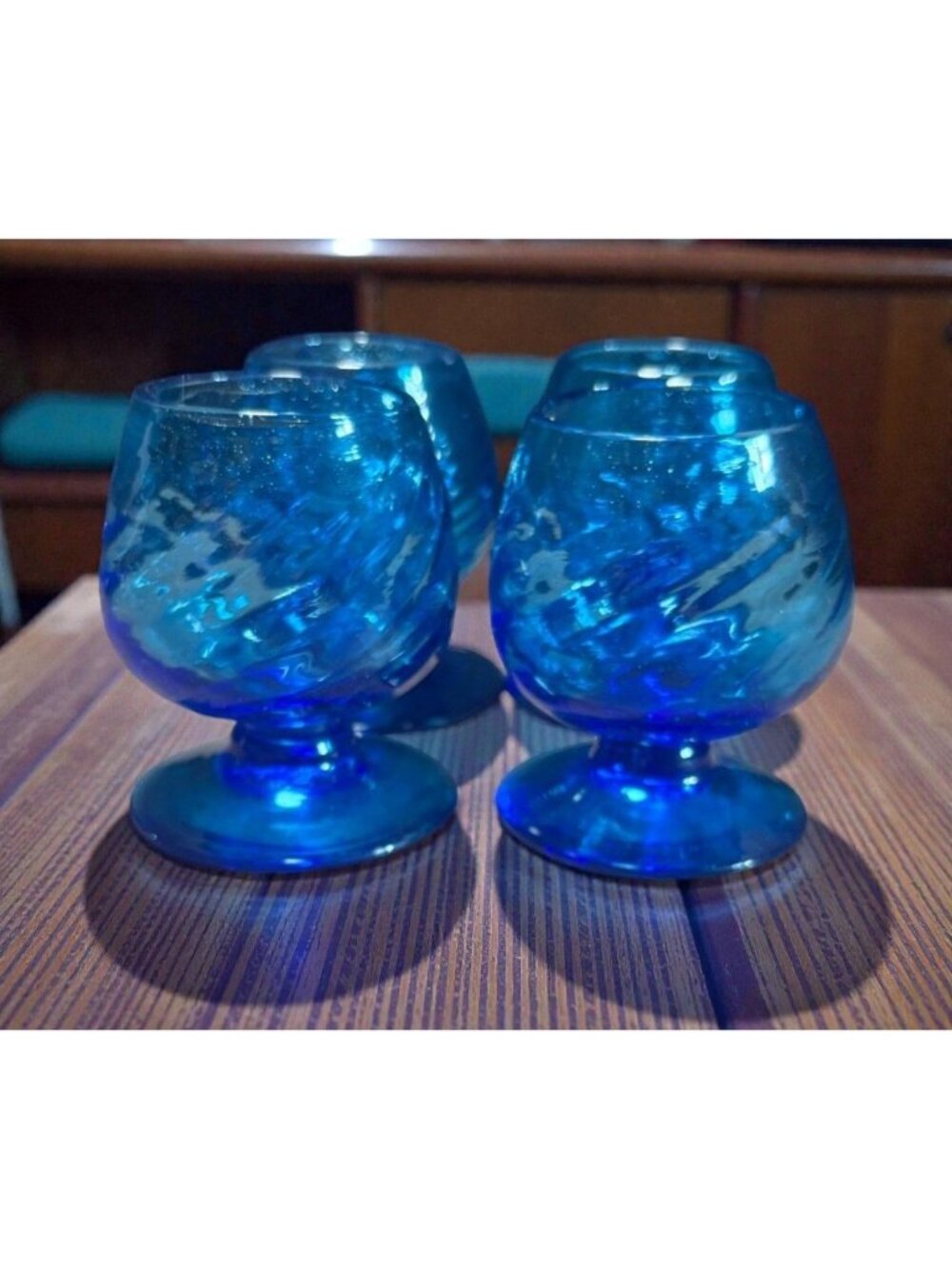 Vtg Cobalt Blue Optic Swirl Brandy Snifter Cordial Glasses Set of 4 MCM Barware